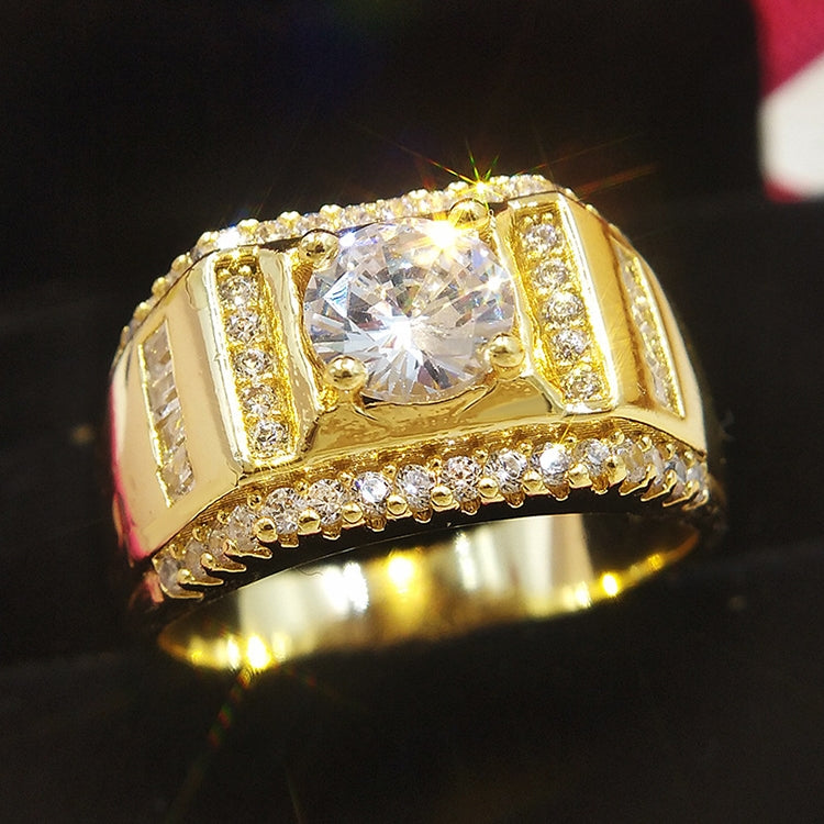 Anel de Diamante Masculino de Estilo Novo da Moda Banhado a Ouro + Zircão AAA Incrustado com Strass, Tamanho: 12, Diâmetro: 21,4mm, Perímetro: 67,2mm, Diâmetro: 21,4mm
