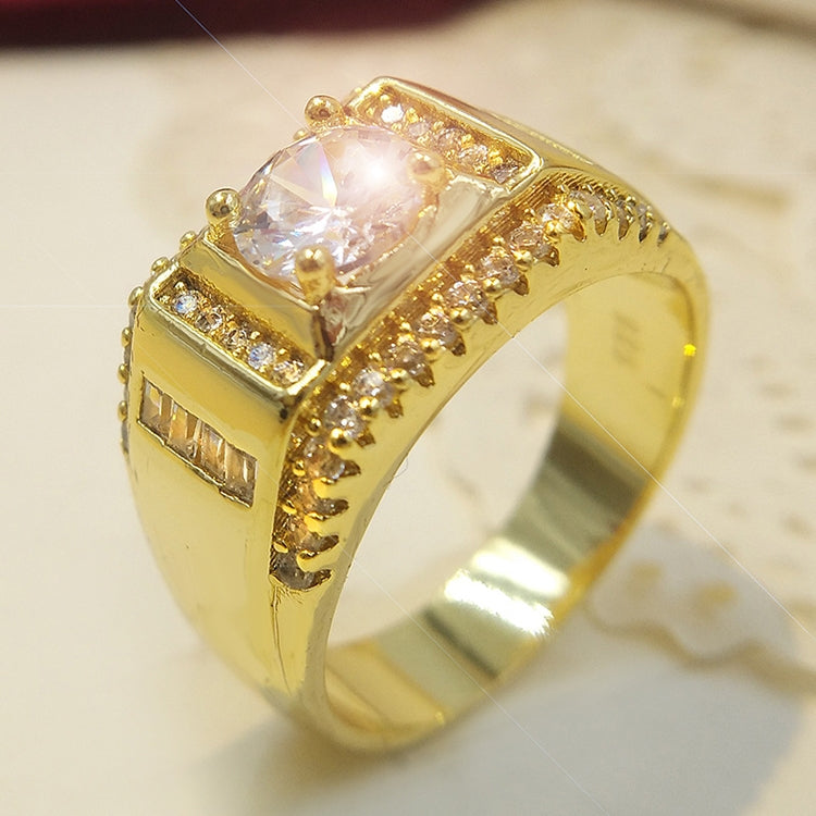 Anel de Diamante Masculino de Estilo Novo da Moda Banhado a Ouro + Zircão AAA Incrustado com Strass, Tamanho: 12, Diâmetro: 21,4mm, Perímetro: 67,2mm, Diâmetro: 21,4mm