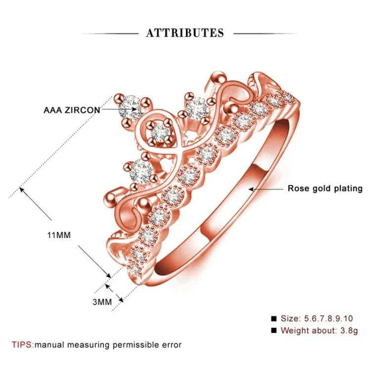 Anel de Zircónio Banhado a Ouro Rosa em Forma de Coroa de Princesa Rainha, Tamanho EUA: 6, Diâmetro: 16.5mm, Perímetro: 51.9mm, 6