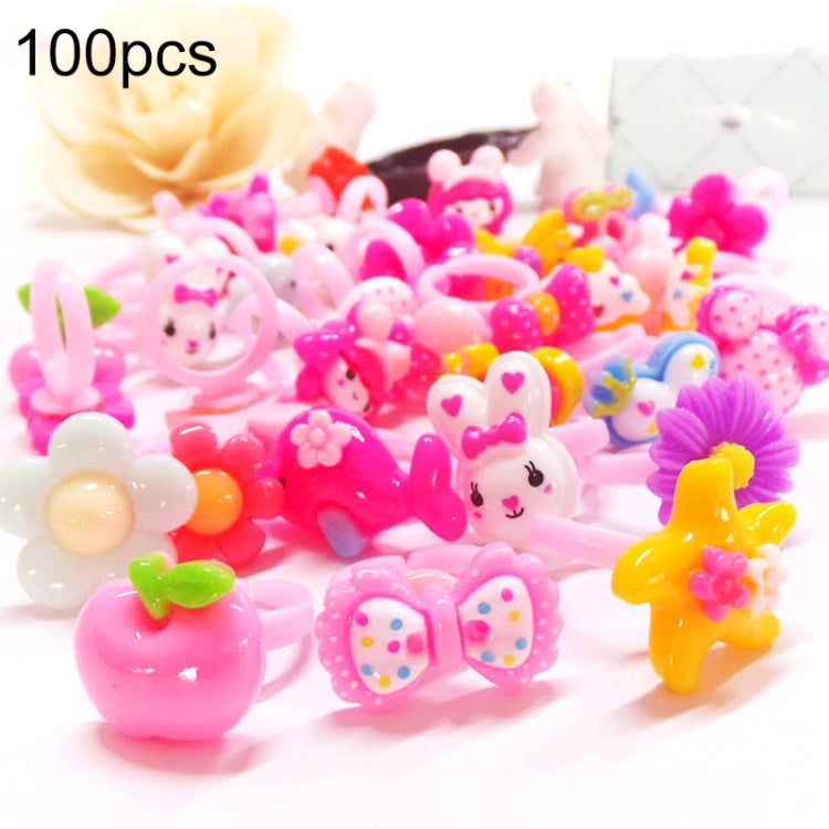 100 Anéis para Crianças com Desenhos Animados Bonitos em Resina de Flor, Animal, Coração e Laço, Superfície Lisa, 100 Peças