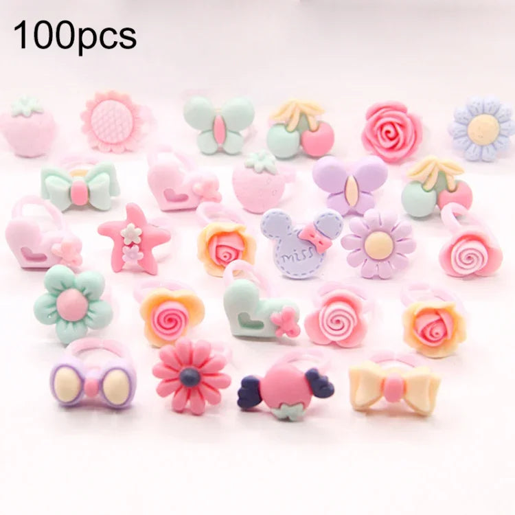 100 Anéis para Crianças com Desenhos Animados de Resina de Flores, Animais, Coração e Laço, Superfície Fosca, 100 Peças