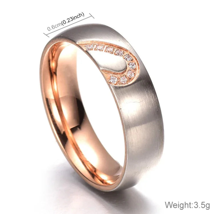 Anel de Casal com Coração de Strass da Moda Anel Fino em Aço de Titânio para Homens e Mulheres (Dourado com Diamante, Tamanho US: 7), Dourado com Diamante, Tamanho US: 7