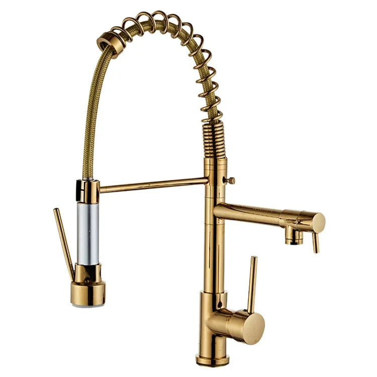 Torneira de Cozinha de Cobre com Dupla Saída e Mola Grande, Tipo de Puxar, Água Quente e Fria, Dourada
