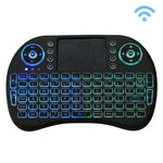 Teclado Mini i8 Sem Fios QWERTY 2.4GHz com Retroiluminação Colorida, Touchpad e Controlo Multimédia para PC, Android TV BOX, X-BOX, Smartphones, Muda Retroiluminação Colorida