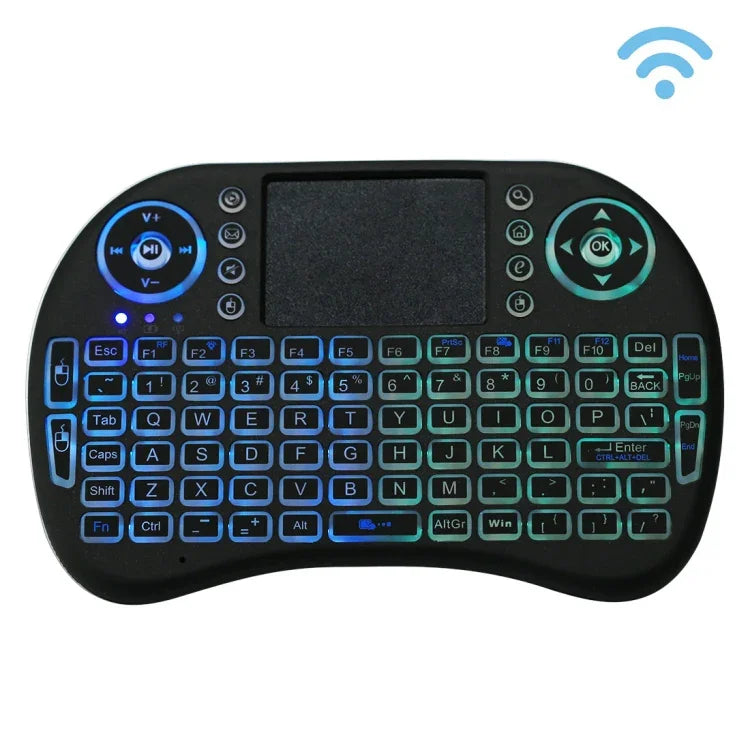 Teclado Mini i8 Sem Fios QWERTY 2.4GHz com Retroiluminação Colorida, Touchpad e Controlo Multimédia para PC, Android TV BOX, X-BOX, Smartphones, Muda Retroiluminação Colorida