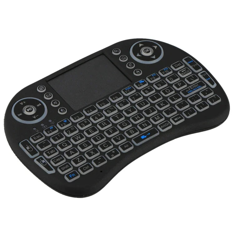 Teclado Mini i8 Sem Fios QWERTY 2.4GHz com Retroiluminação Colorida, Touchpad e Controlo Multimédia para PC, Android TV BOX, X-BOX, Smartphones, Muda Retroiluminação Colorida