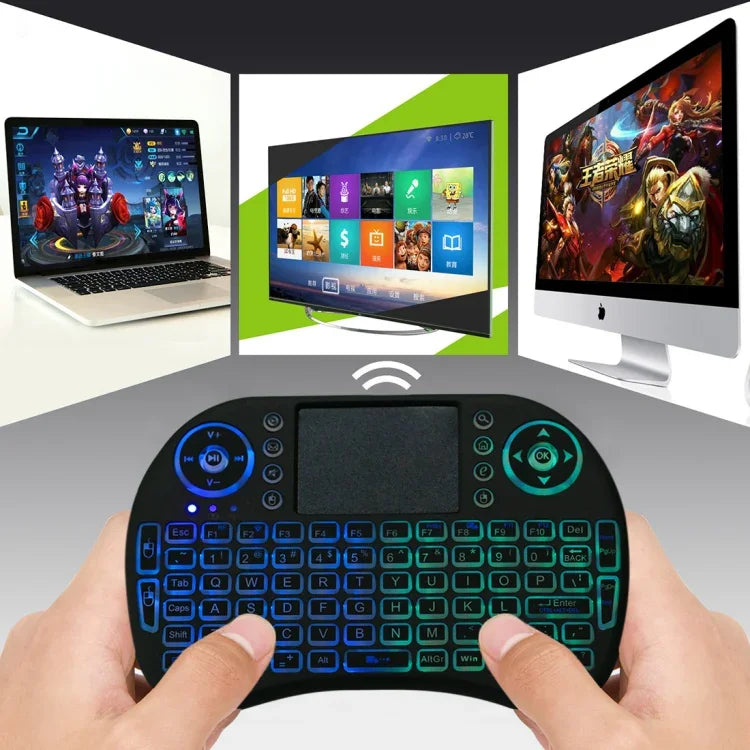 Teclado Mini i8 Sem Fios QWERTY 2.4GHz com Retroiluminação Colorida, Touchpad e Controlo Multimédia para PC, Android TV BOX, X-BOX, Smartphones, Muda Retroiluminação Colorida