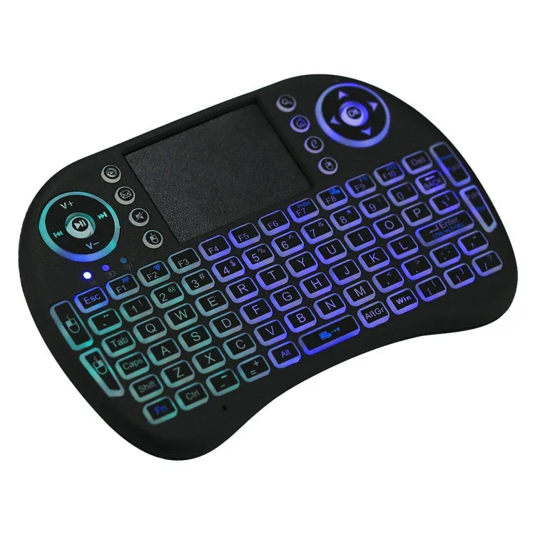Teclado Mini i8 Sem Fios QWERTY 2.4GHz com Retroiluminação Colorida, Touchpad e Controlo Multimédia para PC, Android TV BOX, X-BOX, Smartphones, Muda Retroiluminação Colorida