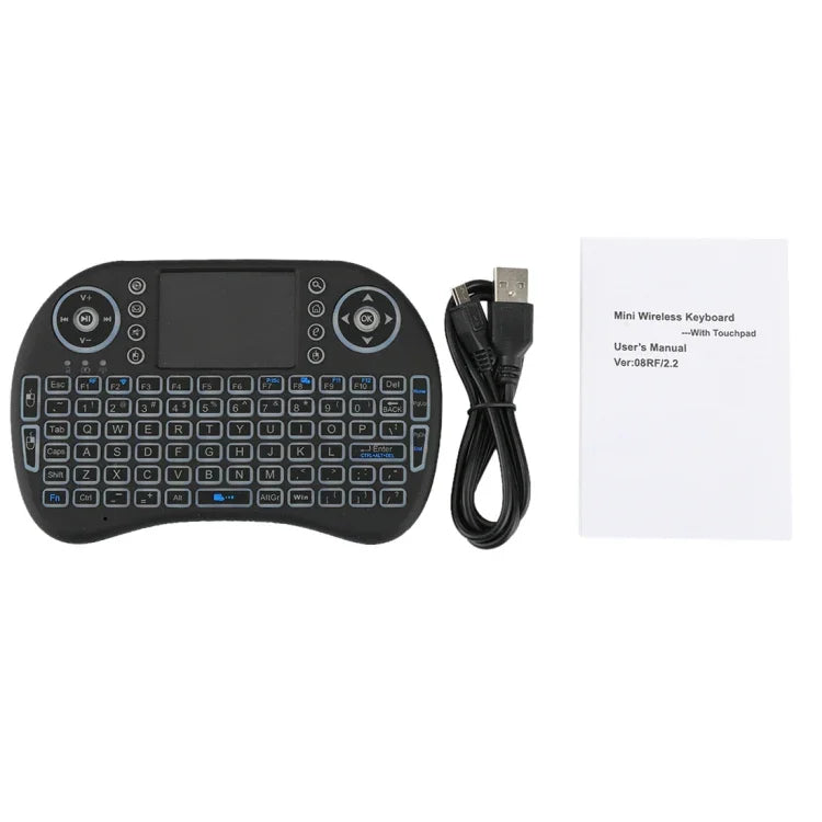 Teclado Mini i8 Sem Fios QWERTY 2.4GHz com Retroiluminação Colorida, Touchpad e Controlo Multimédia para PC, Android TV BOX, X-BOX, Smartphones, Muda Retroiluminação Colorida