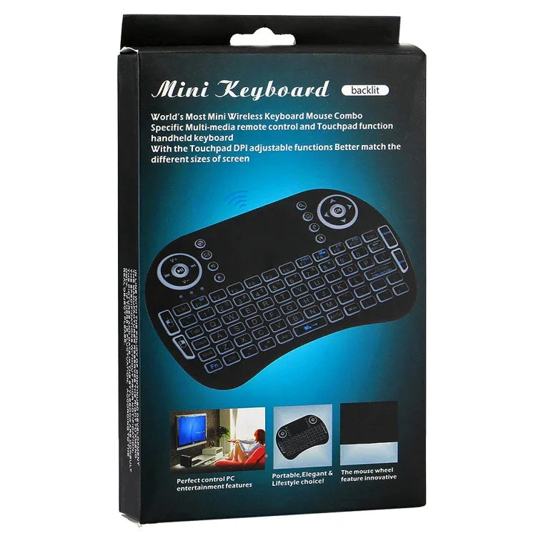 Teclado Mini i8 Sem Fios QWERTY 2.4GHz com Retroiluminação Colorida, Touchpad e Controlo Multimédia para PC, Android TV BOX, X-BOX, Smartphones, Muda Retroiluminação Colorida