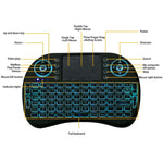 Teclado Mini i8 Sem Fios QWERTY 2.4GHz com Retroiluminação Colorida, Touchpad e Controlo Multimédia para PC, Android TV BOX, X-BOX, Smartphones, Muda Retroiluminação Colorida