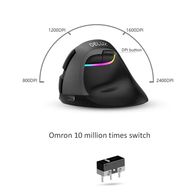 Rato Vertical Ergonómico Mini Sem Fios DELUX M618 2.4G 2400DPI USB Recarregável, M618 Cinzento