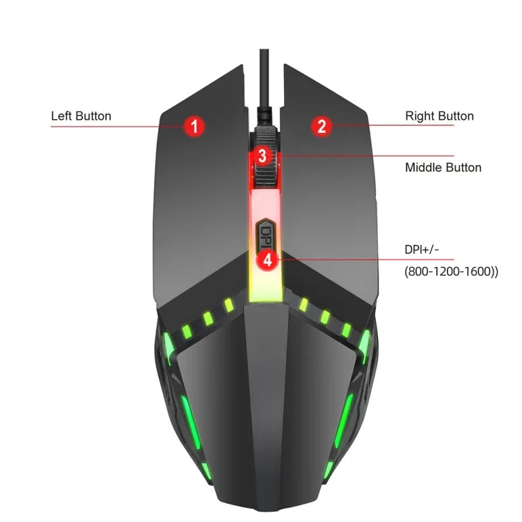 Rato Gaming Com Fios HXSJ S200 USB2.0 1600dpi Ajustável com 4 Teclas e Luz Colorida, Comprimento: 1.5m