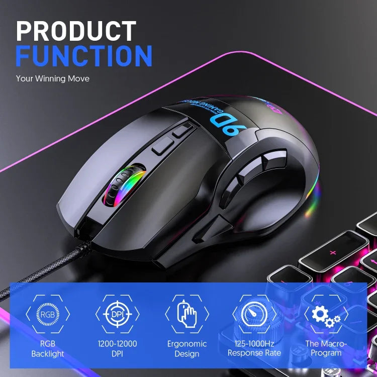 Rato Gaming com Fios MKESPN X10 9 Botões RGB Velocidade Total com Definição Macro, Velocidade Total com Definição Macro