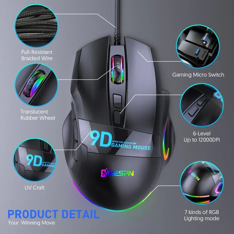 Rato Gaming com Fios MKESPN X10 9 Botões RGB Velocidade Total com Definição Macro, Velocidade Total com Definição Macro