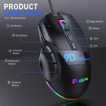 Rato Gaming com Fios MKESPN X10 9 Botões RGB Velocidade Total com Definição Macro, Velocidade Total com Definição Macro