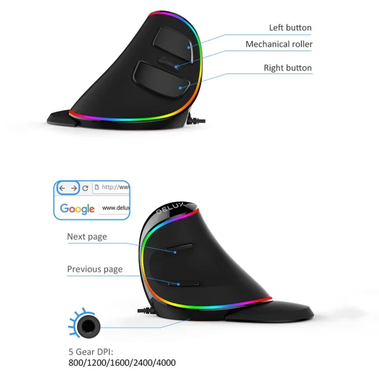 Rato Óptico Com Fio DELUX M618 Plus RGB Ergonómico Vertical 4000DPI, 4000DPI Com Fio