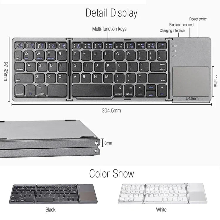 Teclado Sem Fios Bluetooth Recarregável 3 Dobráveis com 64 Teclas e Touchpad B033, 3 Dobráveis 64 Teclas com Touchpad Branco