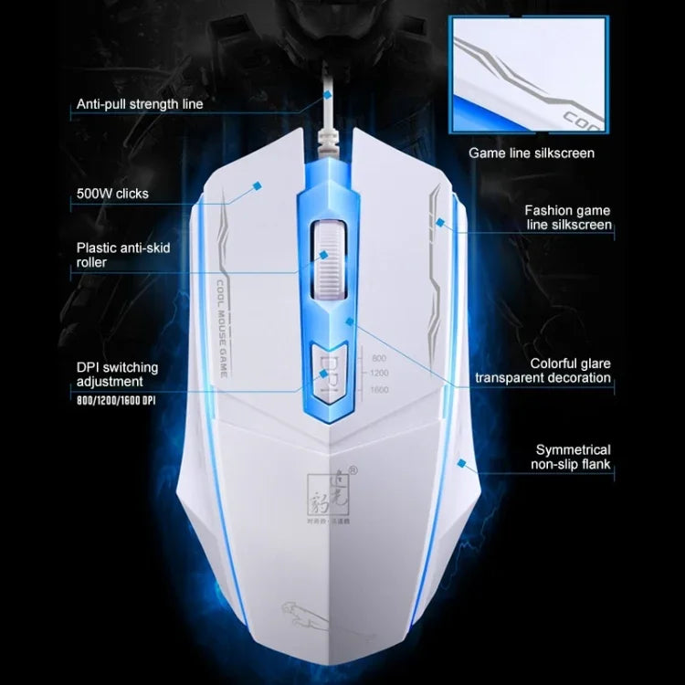 Rato de Jogo Óptico Com Fios Chasing Leopard 199 USB 1600DPI com Luz LED Ajustável em Três Velocidades, Comprimento: 1,3m, 199 Preto, 199