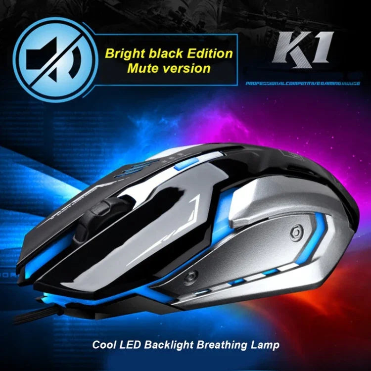 Rato de Jogo Óptico Com Fios Chasing Leopard K1 USB 1600DPI com Luz LED Ajustável em Três Velocidades e Silencioso, Comprimento: 1,3m