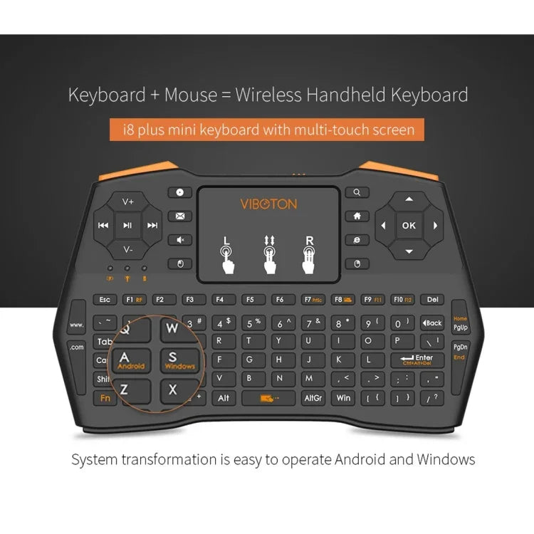 Teclado Sem Fios VIBOTON i8 Plus Atualizado 2.4GHz QWERT Mini com Touchpad para TV Box, Mi Box, Computador, Tablet, Portátil e Projetor (Preto), Teclado Sem Fios