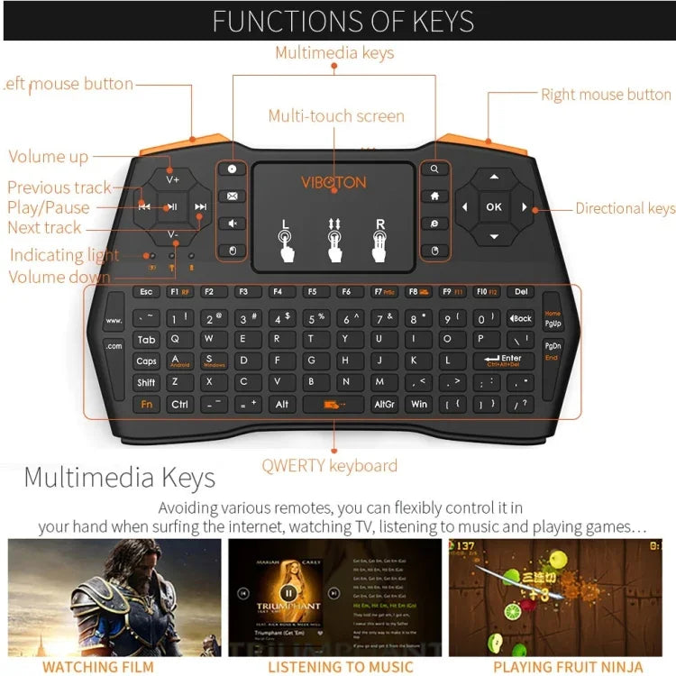 Teclado Sem Fios VIBOTON i8 Plus Atualizado 2.4GHz QWERT Mini com Touchpad para TV Box, Mi Box, Computador, Tablet, Portátil e Projetor (Preto), Teclado Sem Fios