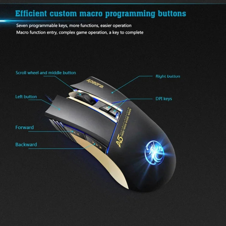Rato Gaming de Alta Precisão Apedra iMICE A5 com LED de Respiração Controlada a Quatro Cores, USB, 7 Botões, 3200 DPI, Óptico com Fio para Computador PC Portátil, iMICE A5