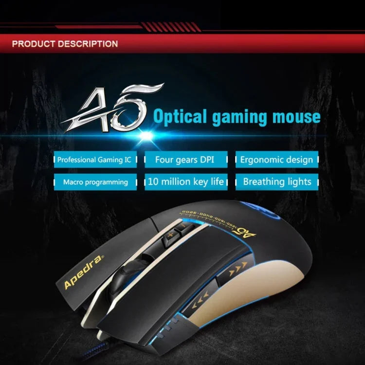 Rato Gaming de Alta Precisão Apedra iMICE A5 com LED de Respiração Controlada a Quatro Cores, USB, 7 Botões, 3200 DPI, Óptico com Fio para Computador PC Portátil, iMICE A5