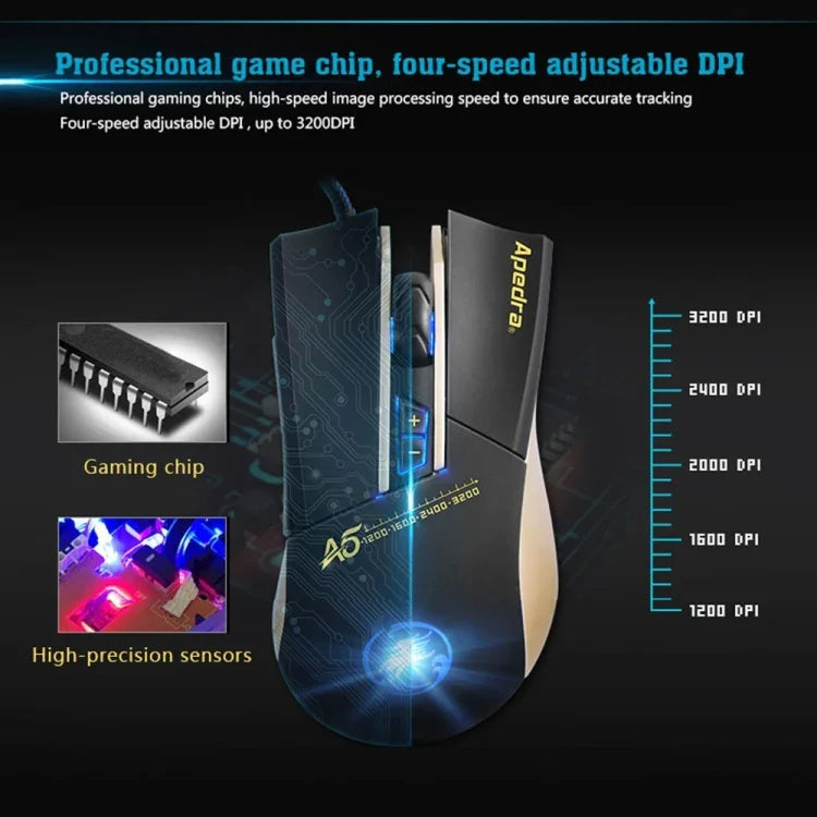 Rato Gaming de Alta Precisão Apedra iMICE A5 com LED de Respiração Controlada a Quatro Cores, USB, 7 Botões, 3200 DPI, Óptico com Fio para Computador PC Portátil, iMICE A5