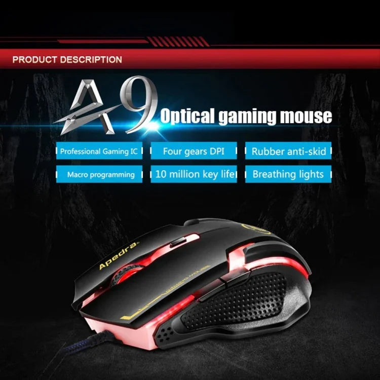 Rato Gaming de Alta Precisão Apedra iMICE A9 com LED de Respiração Controlada a Quatro Cores, USB, 6 Botões, 3200 DPI, Óptico com Fio para Computador PC Portátil, iMICE A9