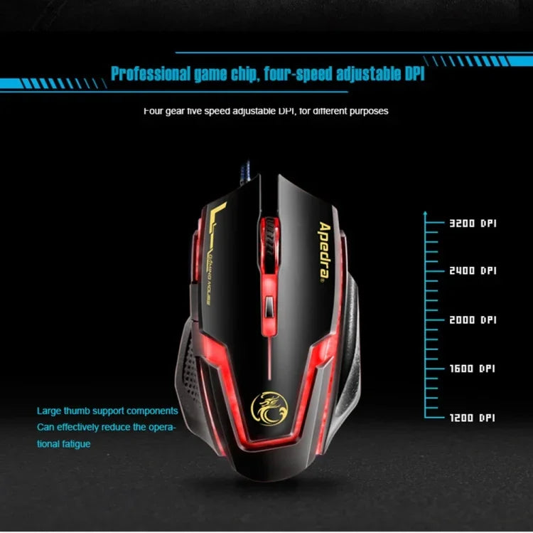 Rato Gaming de Alta Precisão Apedra iMICE A9 com LED de Respiração Controlada a Quatro Cores, USB, 6 Botões, 3200 DPI, Óptico com Fio para Computador PC Portátil, iMICE A9