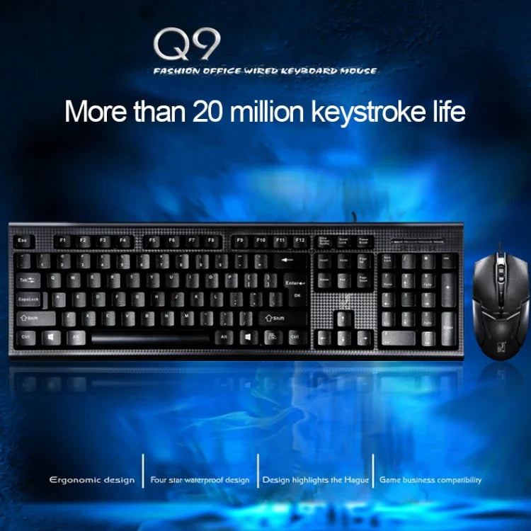 Kit Teclado Gaming Profissional com Textura em Grade e Rato Óptico Chasing Leopard Q9 1600 DPI com Fios para Escritório