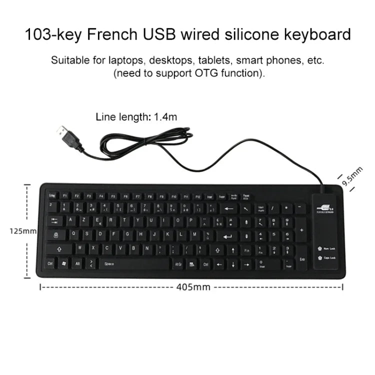 Teclado USB com Fios Francês de Silicone Impermeável com 103 Teclas para Ambiente de Trabalho e Portátil, Comprimento do Cabo: 1,5m