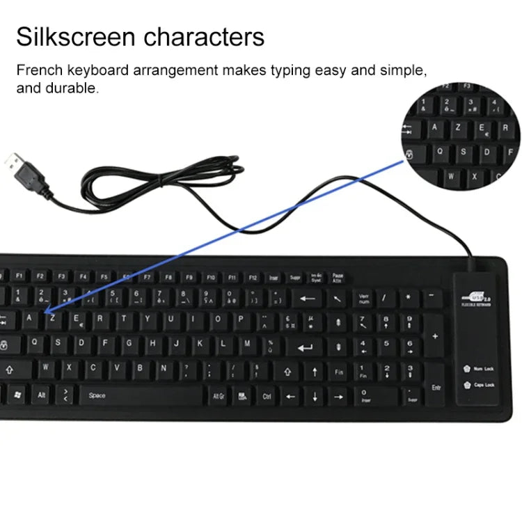 Teclado USB com Fios Francês de Silicone Impermeável com 103 Teclas para Ambiente de Trabalho e Portátil, Comprimento do Cabo: 1,5m