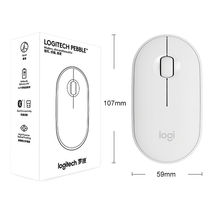 Rato Óptico Bluetooth Sem Fios Silencioso Logitech Pebble Forma de Calçada, Fino, 3 Teclas, 1000 DPI, Alcance Sem Fios: 10m