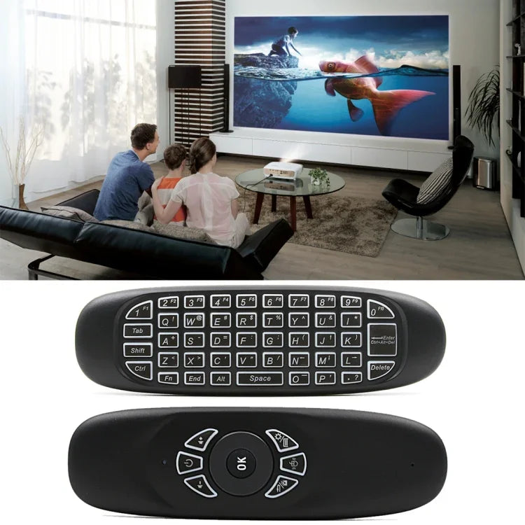 C120 Teclado Aéreo com Retroiluminação, Rato Aéreo 2.4GHz Sem Fios, Teclado com Giroscópio 3D, Comando Remoto Android para PC, Android TV Box / Smart TV, Dispositivos de Jogo, Teclado com Retroiluminação Branca