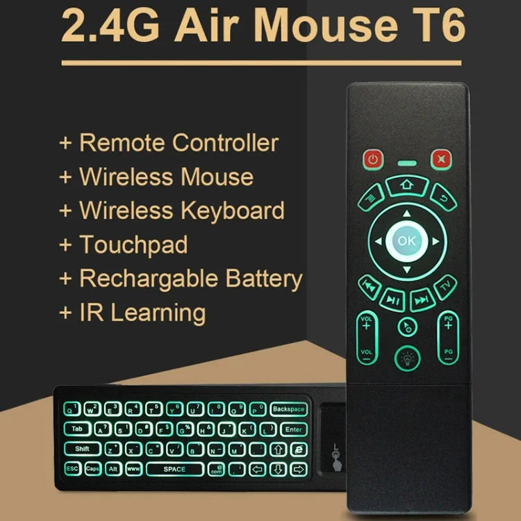T6 Versão com Luzes Coloridas, Rato Aéreo 2.4GHz Sem Fios, Comando Remoto com Touchpad e Aprendizagem IR para PC, Android TV Box / Smart TV, Dispositivos Multimédia, T6