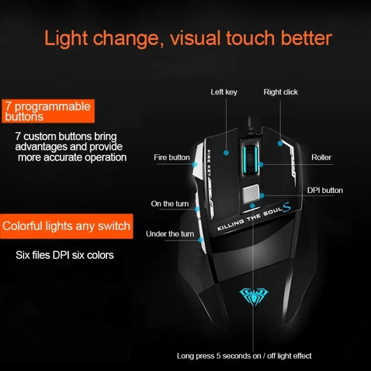 AULA Série SoulKiller II Rato de Jogo USB com Fio Óptico Competitivo 7D Luz Colorida, Resolução Máxima de 3500 DPI, SoulKiller II(B)