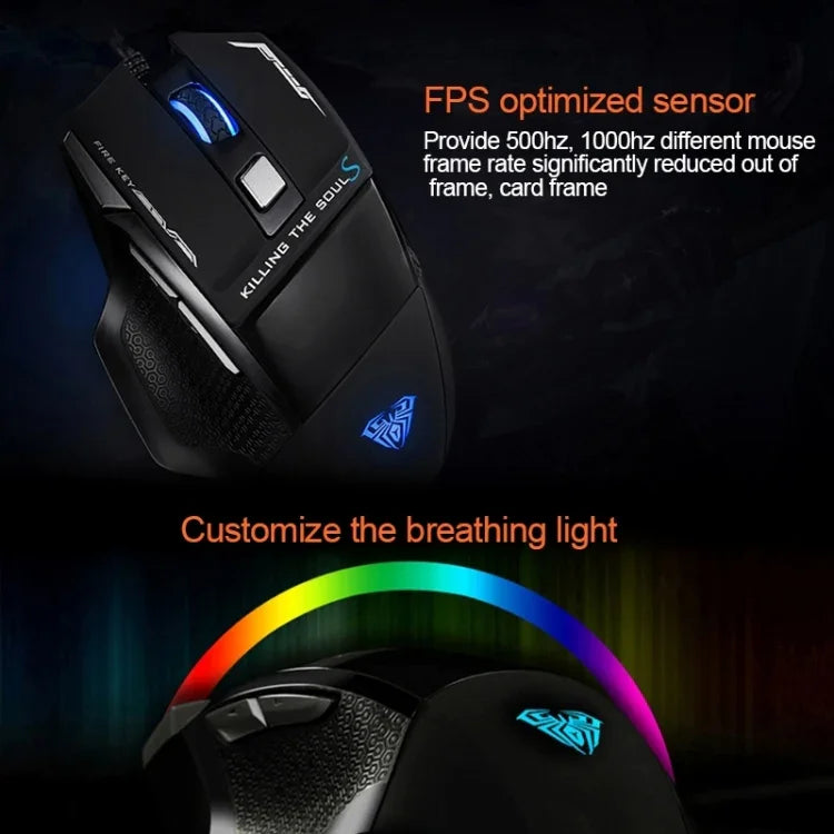 AULA Série SoulKiller II Rato de Jogo USB com Fio Óptico Competitivo 7D Luz Colorida, Resolução Máxima de 3500 DPI, SoulKiller II(B)