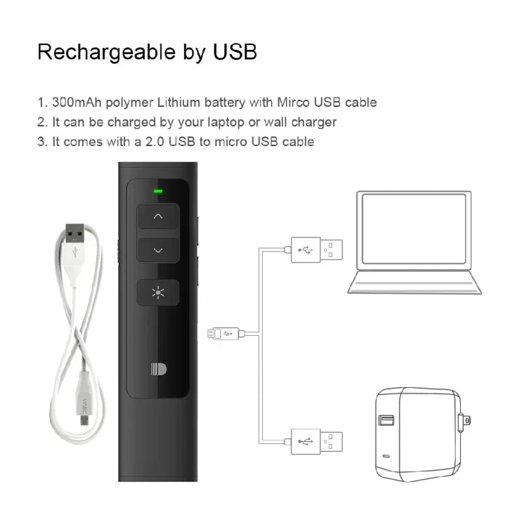 Doosl DSIT013 Controlo Remoto Recarregável para Apresentações PowerPoint 2.4GHz Apontador Laser Multifuncional para PowerPoint / Keynote / Prezi, Distância de Controlo: 100m