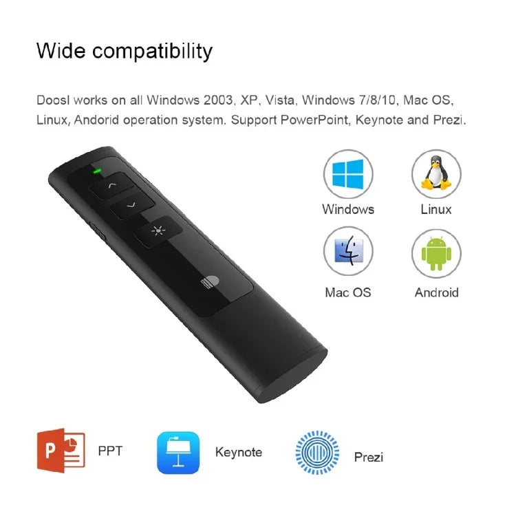 Doosl DSIT013 Controlo Remoto Recarregável para Apresentações PowerPoint 2.4GHz Apontador Laser Multifuncional para PowerPoint / Keynote / Prezi, Distância de Controlo: 100m