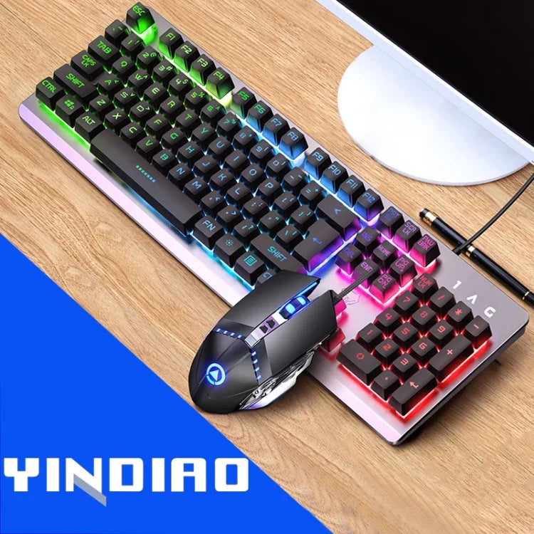 YINDIAO K002 Teclado com Fio com Sensação Mecânica e Iluminação RGB + Conjunto de Rato Óptico Silencioso, Iluminação RGB / Silencioso / Preto, Iluminação RGB / Branco