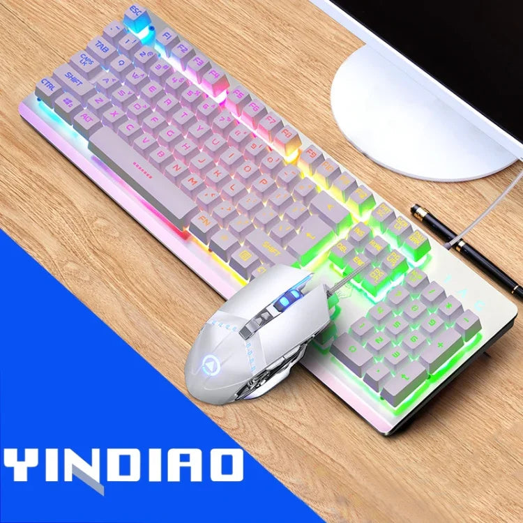 YINDIAO K002 Teclado com Fio com Sensação Mecânica e Iluminação RGB + Conjunto de Rato Óptico Silencioso, Iluminação RGB / Silencioso / Preto, Iluminação RGB / Branco