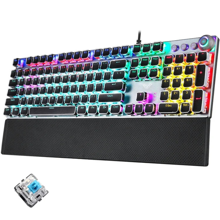 Teclado Gaming USB com 108 Teclas, Luz Mista, Punk Eletroplatinado, Interruptor Azul Mecânico AULA F2088 com Botão Metálico, Interruptor Azul Prateado