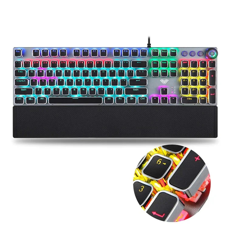 Teclado Gaming USB com 108 Teclas, Luz Mista, Punk Eletroplatinado, Interruptor Azul Mecânico AULA F2088 com Botão Metálico, Interruptor Azul Prateado