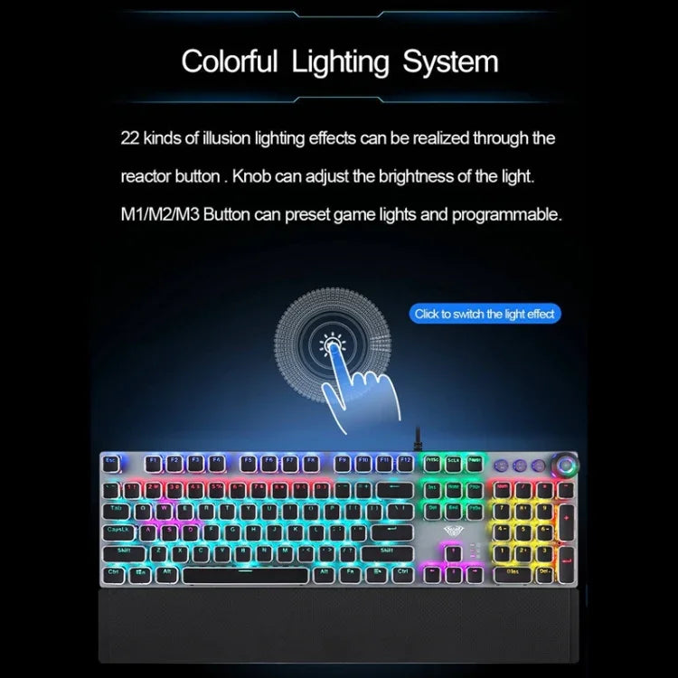 Teclado Gaming USB com 108 Teclas, Luz Mista, Punk Eletroplatinado, Interruptor Azul Mecânico AULA F2088 com Botão Metálico, Interruptor Azul Prateado