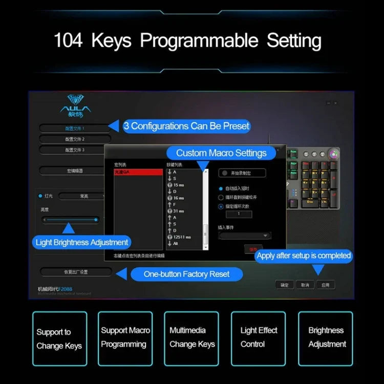 Teclado Gaming USB com 108 Teclas, Luz Mista, Interruptor Azul Mecânico AULA F2088 com Botão Metálico, Interruptor Azul Preto