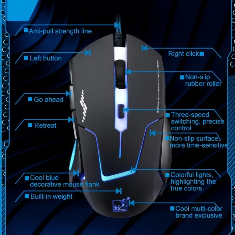 Rato Óptico Gaming USB Chasing Leopard T7 6 Teclas 2400DPI com Luz de Fundo, Ajuste de Três Velocidades, Peso Contrabalançado Integrado, Comprimento: 1,8m, T7
