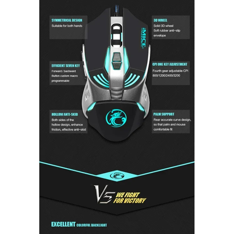 Rato Gaming Óptico USB iMICE V5 7 Botões 4000 DPI com Luz de Fundo Colorida para PC e Portátil, V5 (Branco)