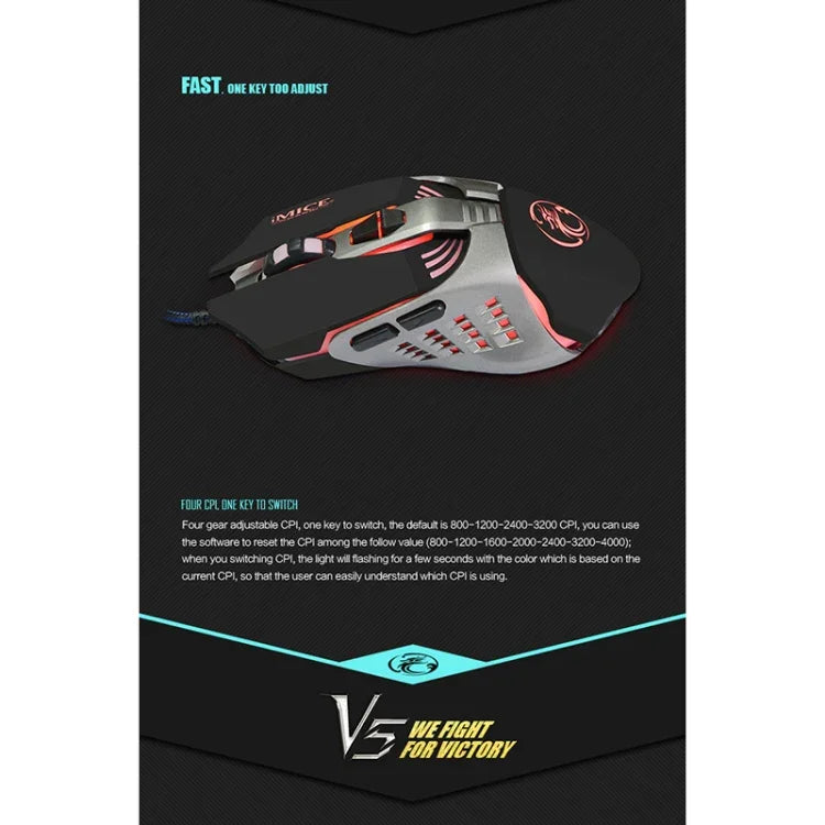 Rato Gaming Óptico USB iMICE V5 7 Botões 4000 DPI com Luz de Fundo Colorida para PC e Portátil, V5 (Branco)